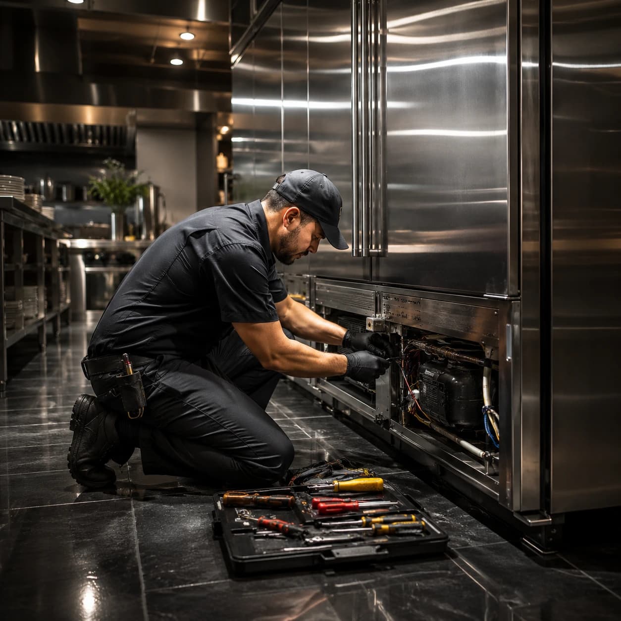 Technician repairing a large stainless steel commercial restaurant refrigerator