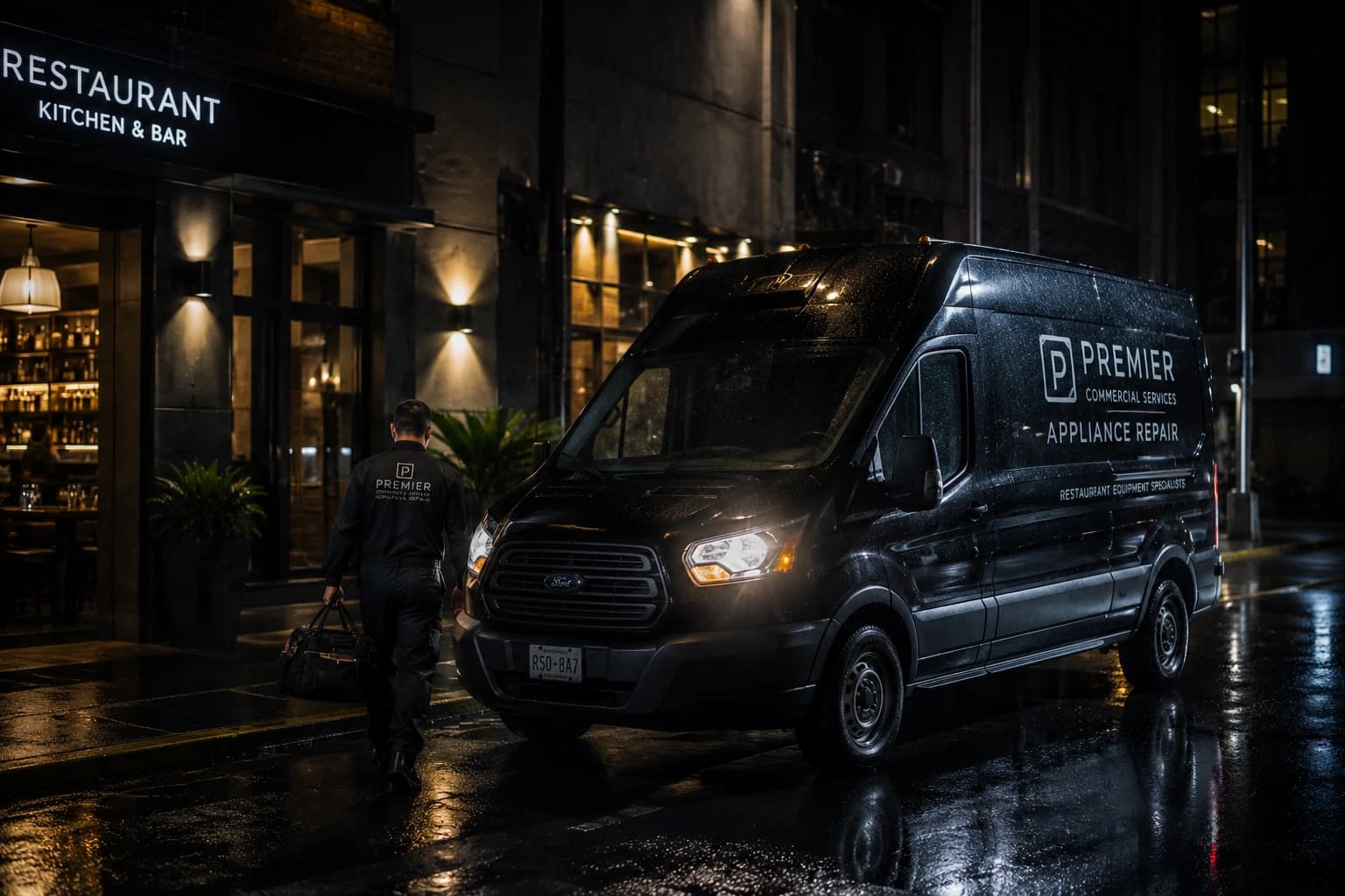 Commercial appliance repair service truck arriving at a restaurant at night for an emergency call