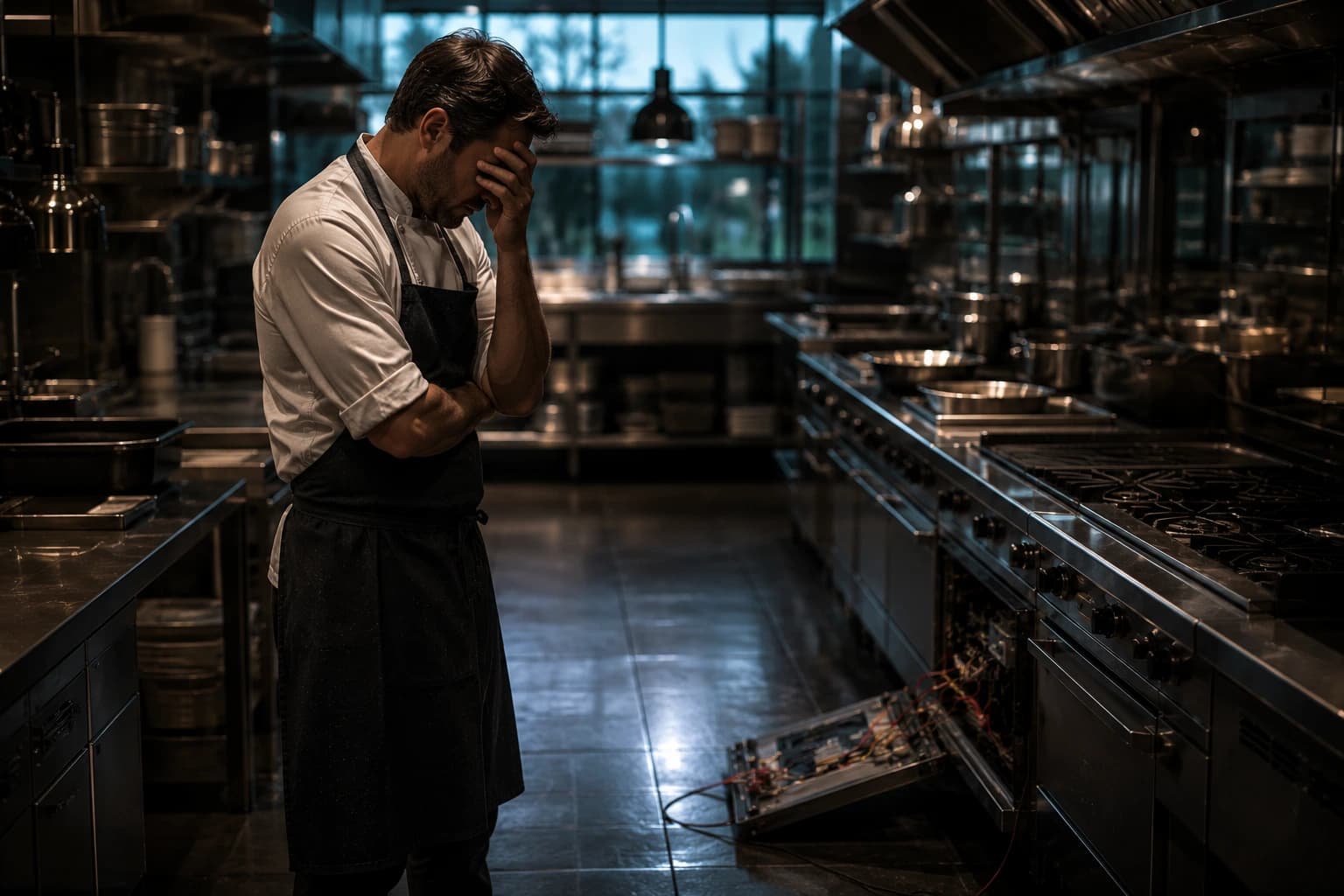 Technician performing diagnostics on high-end commercial restaurant ovens and ranges