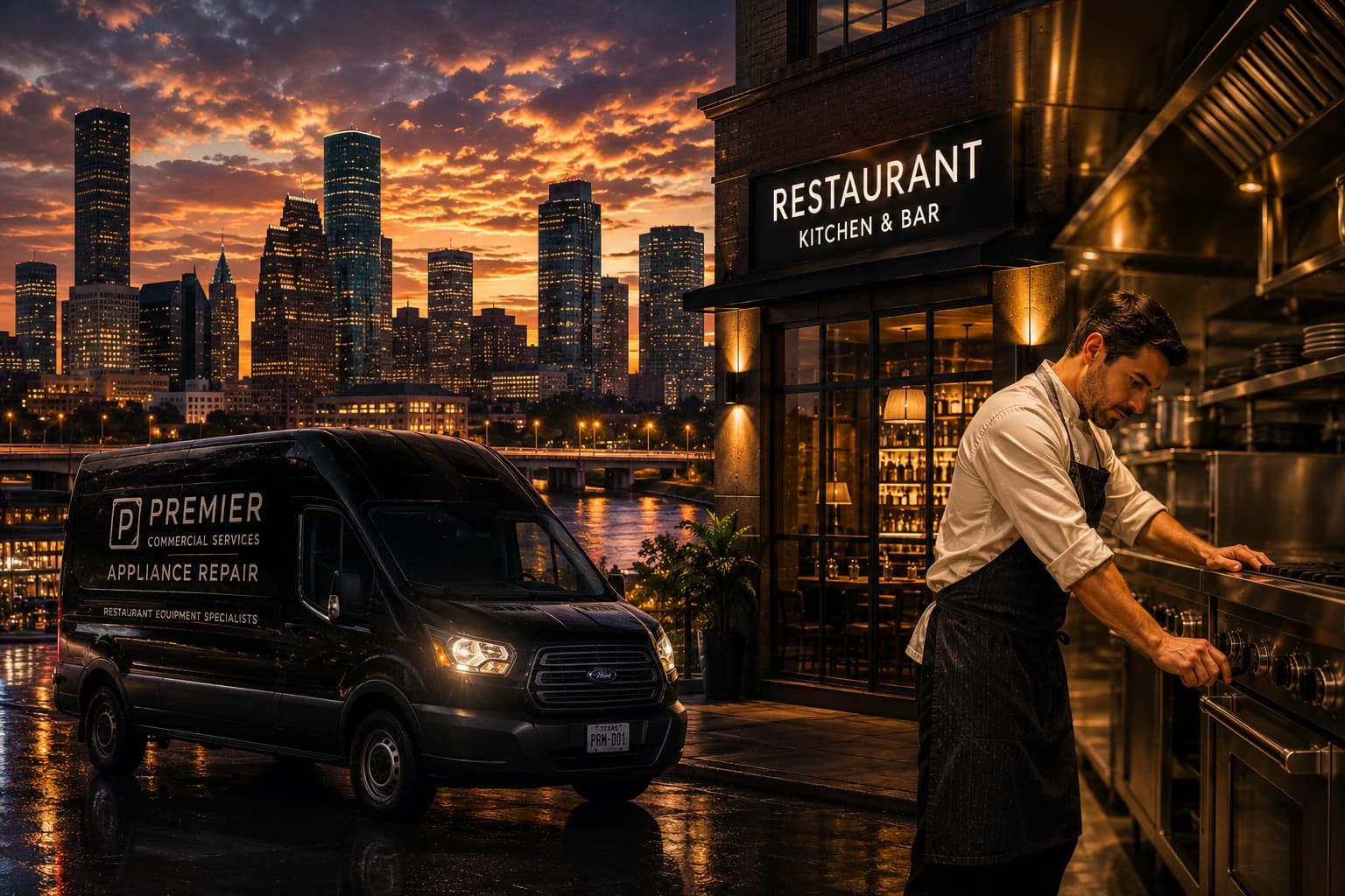 Restaurant owner shaking hands with a commercial appliance repair technician in a premium kitchen