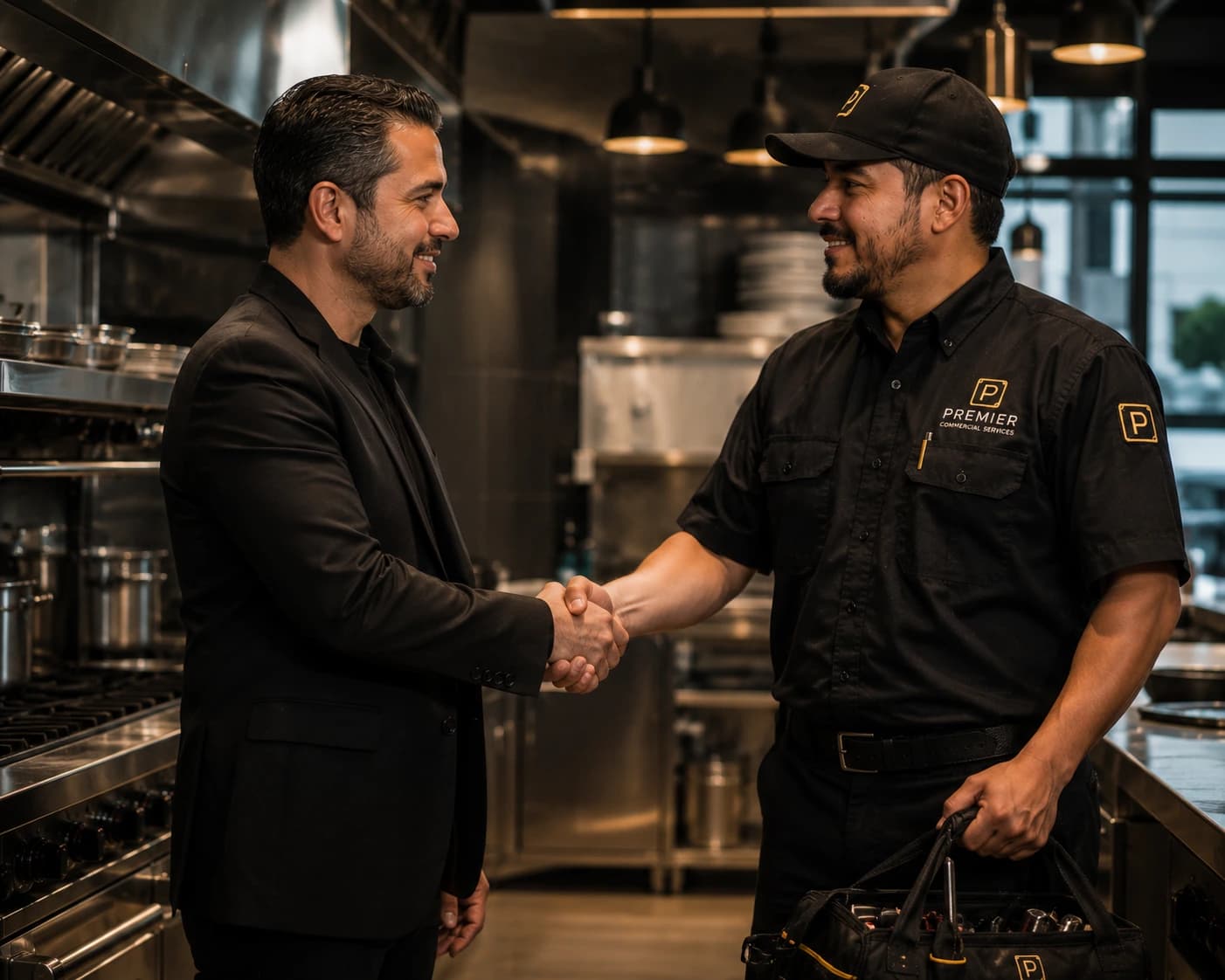 Confident professional commercial appliance repair technician in a luxury commercial kitchen