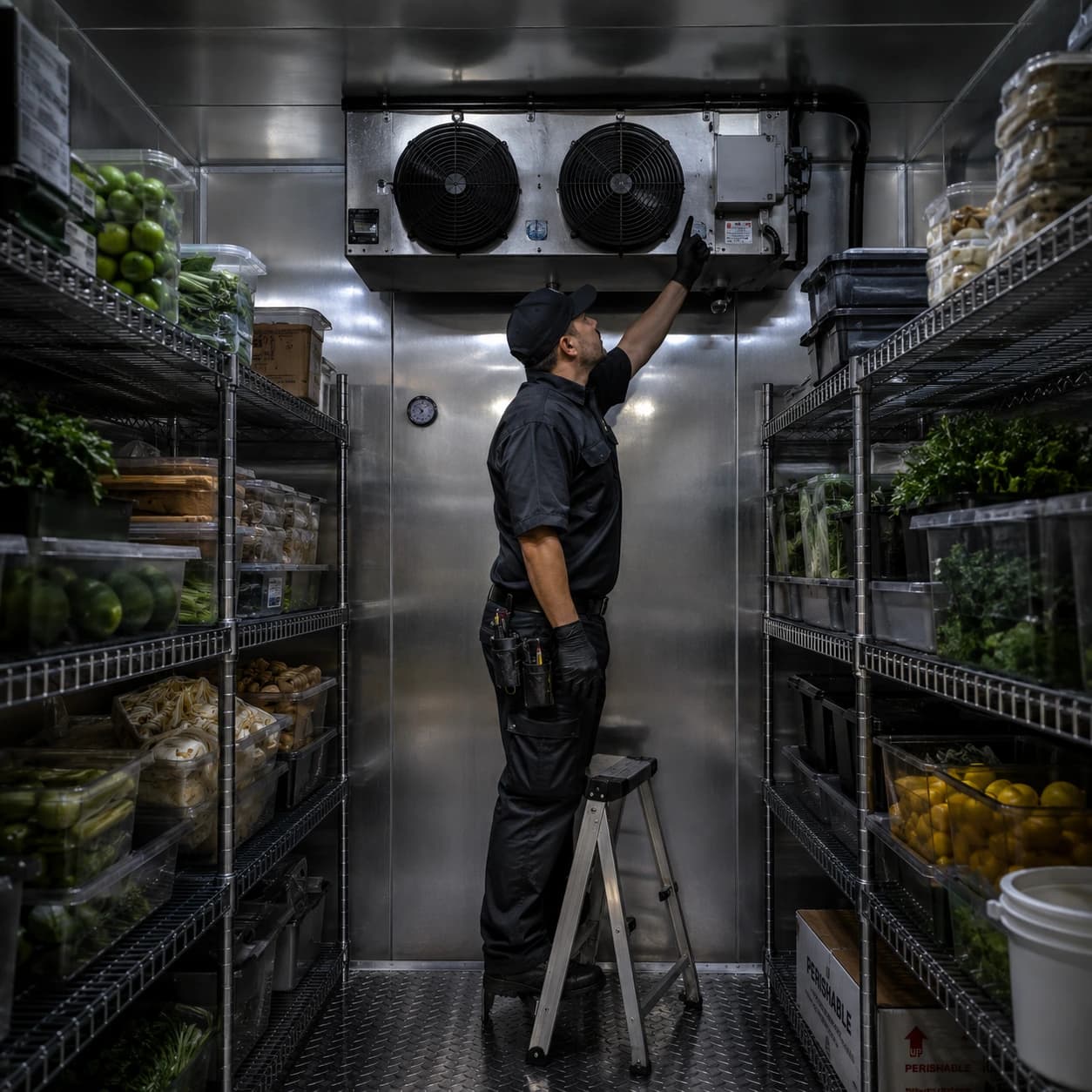 Technician inspecting cooling systems inside a premium commercial walk-in cooler